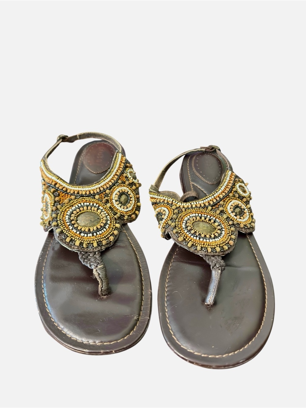 Fossil Size 10 Brown Beaded Leather Thong Sandals Boho Slingback Gladiator - Picture 3 of 11